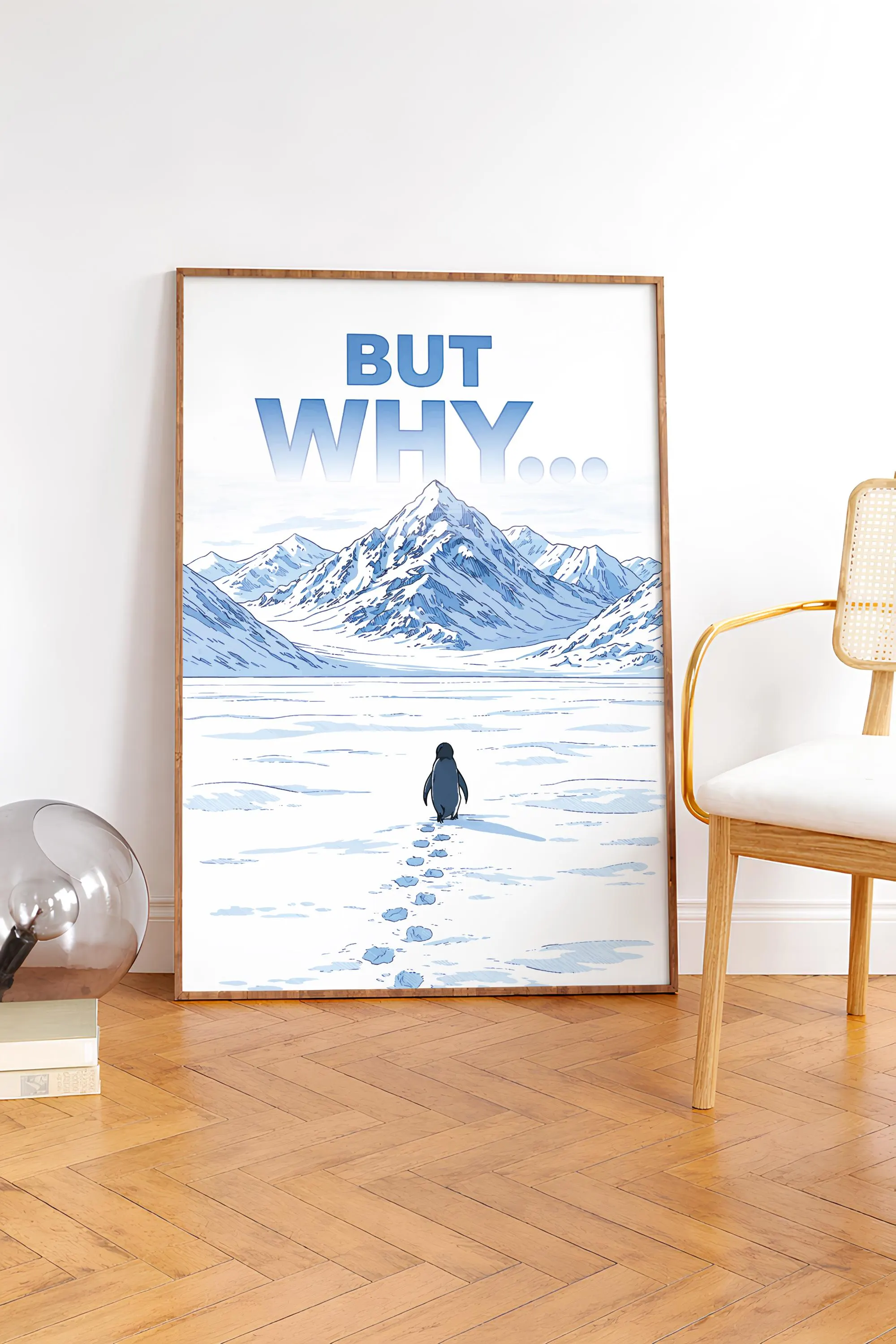 But Why? Minimalist Arctic Illustration Poster – Motivational Penguin Wall Art, Modern Office & Home Decor Print – Calm Wall Art by Artsify
