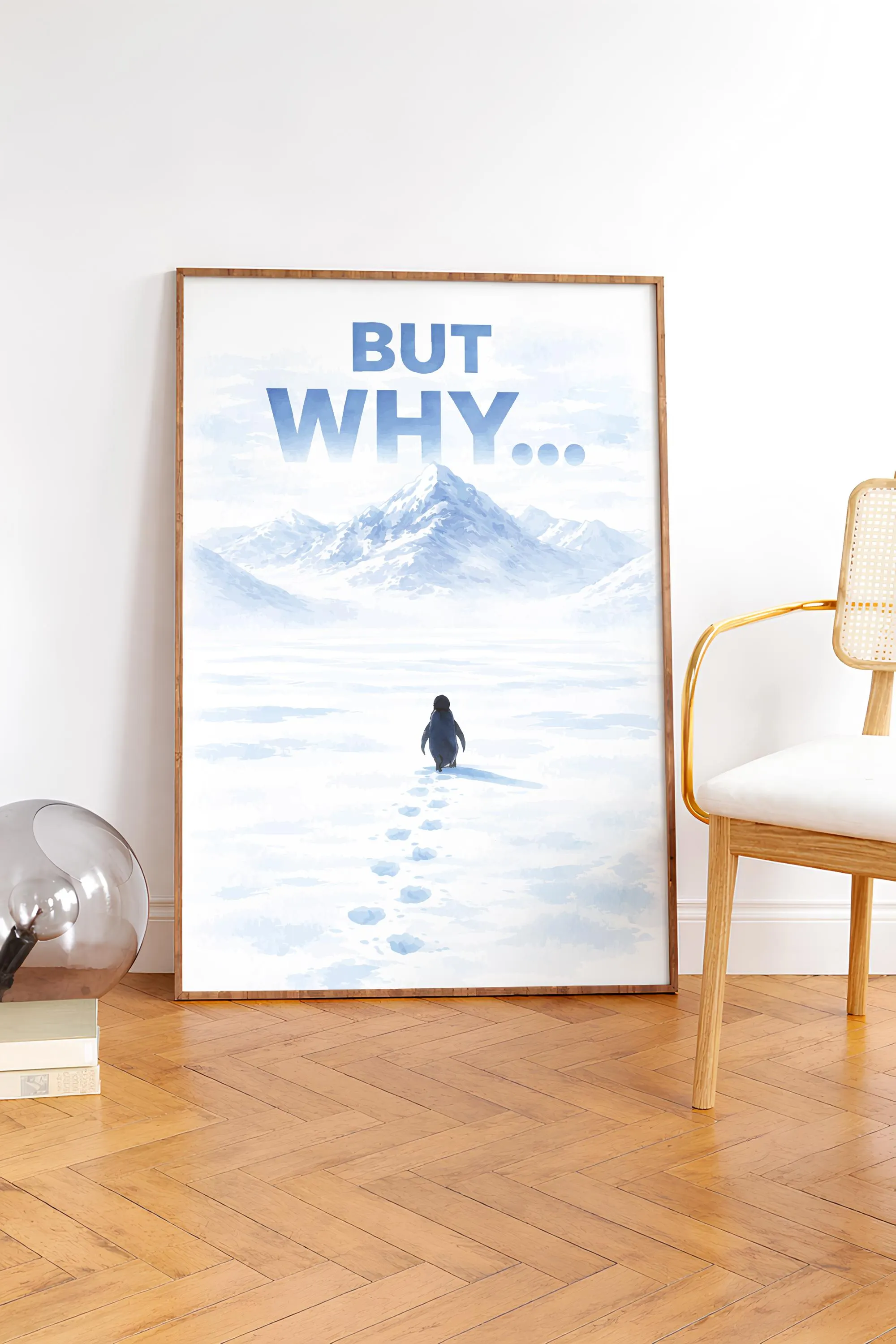But Why? Watercolor Arctic Poster – Inspirational Nihilist Penguin Wall Art, Minimalist Nordic Home & Office Decor – Calm Wall Art by Artsify