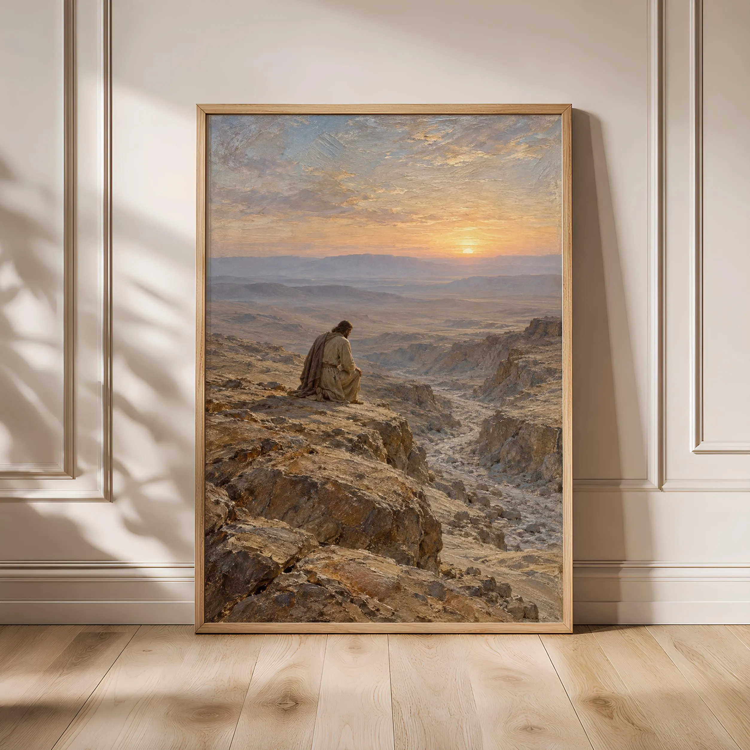 Jesus in the Wilderness Wall Art, Moody Desert Oil Painting – Calm Wall Art by Artsify
